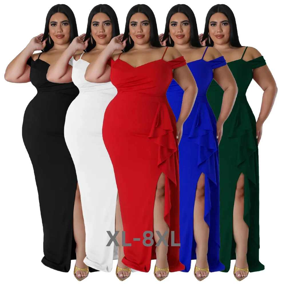 Plus Size Sexy Women Evening Dress Spaghetti v Neck Short Sleeves Side Split Ruffles Elegant Casual Part 3xl 4xl 5xl 6xl