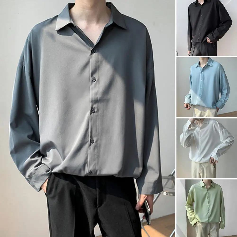 

Men Autumn Shirt Turn-down Collar Solid Color Long Sleeves Loose Single-breasted Warm Korean Style Casual Formal Autumn Shirt fo