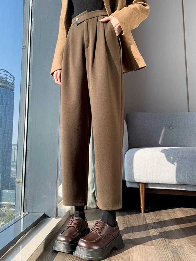 2024Новинка осени и зимы шерстяные брюки-шаровары с высокой талией женская одежда