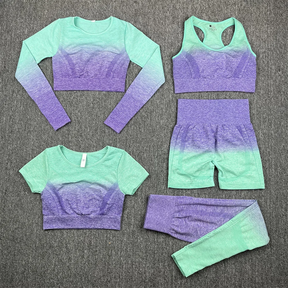 Seamless Women Yoga Set Long Sleeve Crop Top High Waist Running Leggings Fitness Clothing Sportswear Workout Bra Sports Suits