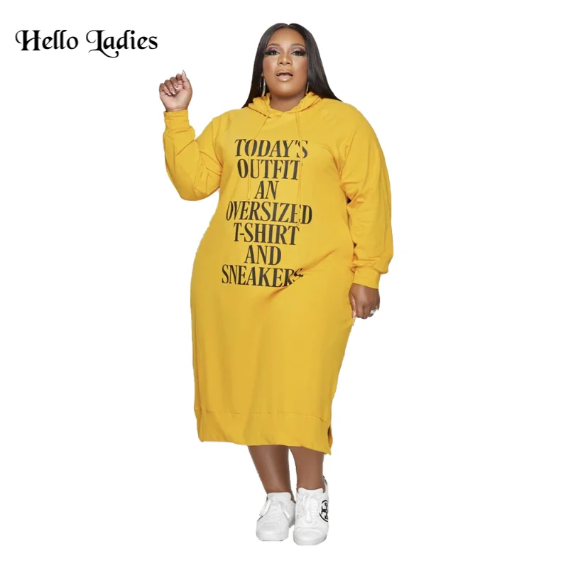 HL Plus Size Fat Fall  Dress Women Hoodies Letter Print Loose Casual Dress Pockets Winter Clothes Maxi Dresses L-5xl