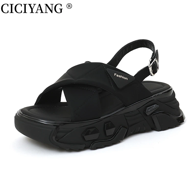 CICIYANG Chunky Platform Sandals Women Luxury Summer 2023 New Genuine Leather Girls College Style Sport Sandals Open-toed Shoes
