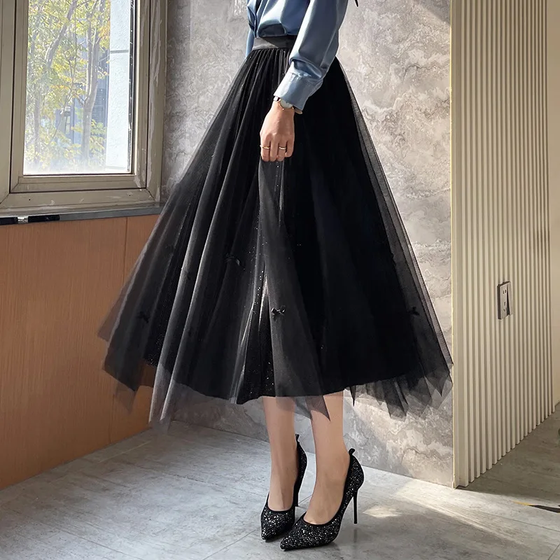 

2022 Spring New Mesh Yarn Front and Back Wear A-line Skirt, Irregular Thin Pleated Skirt, High Waist Skirt