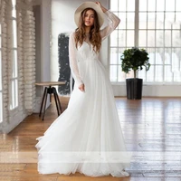 luojo a line wedding dress o neck appliques lace bohemia long sleeves backless vestido de novia bride dresses robe mariee