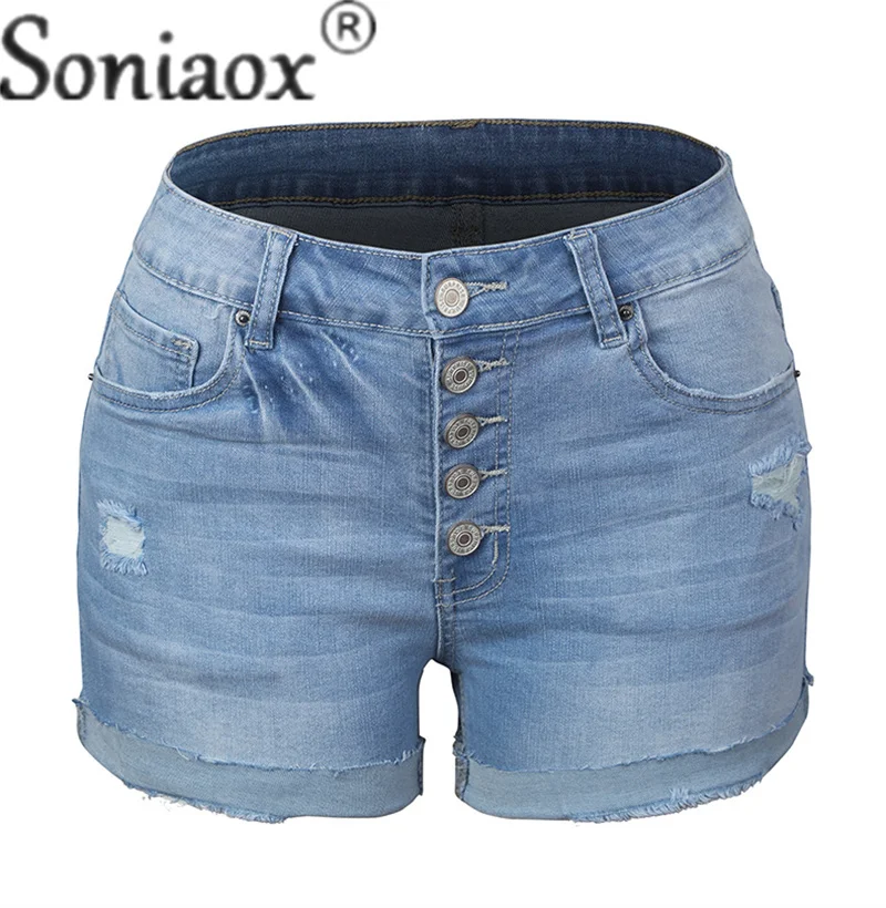 Fashion Broken Holes Multi-button Splice Denim Shorts Ladies Summer Women Commuter Straight Three Quarter Pants Trend Streetwear