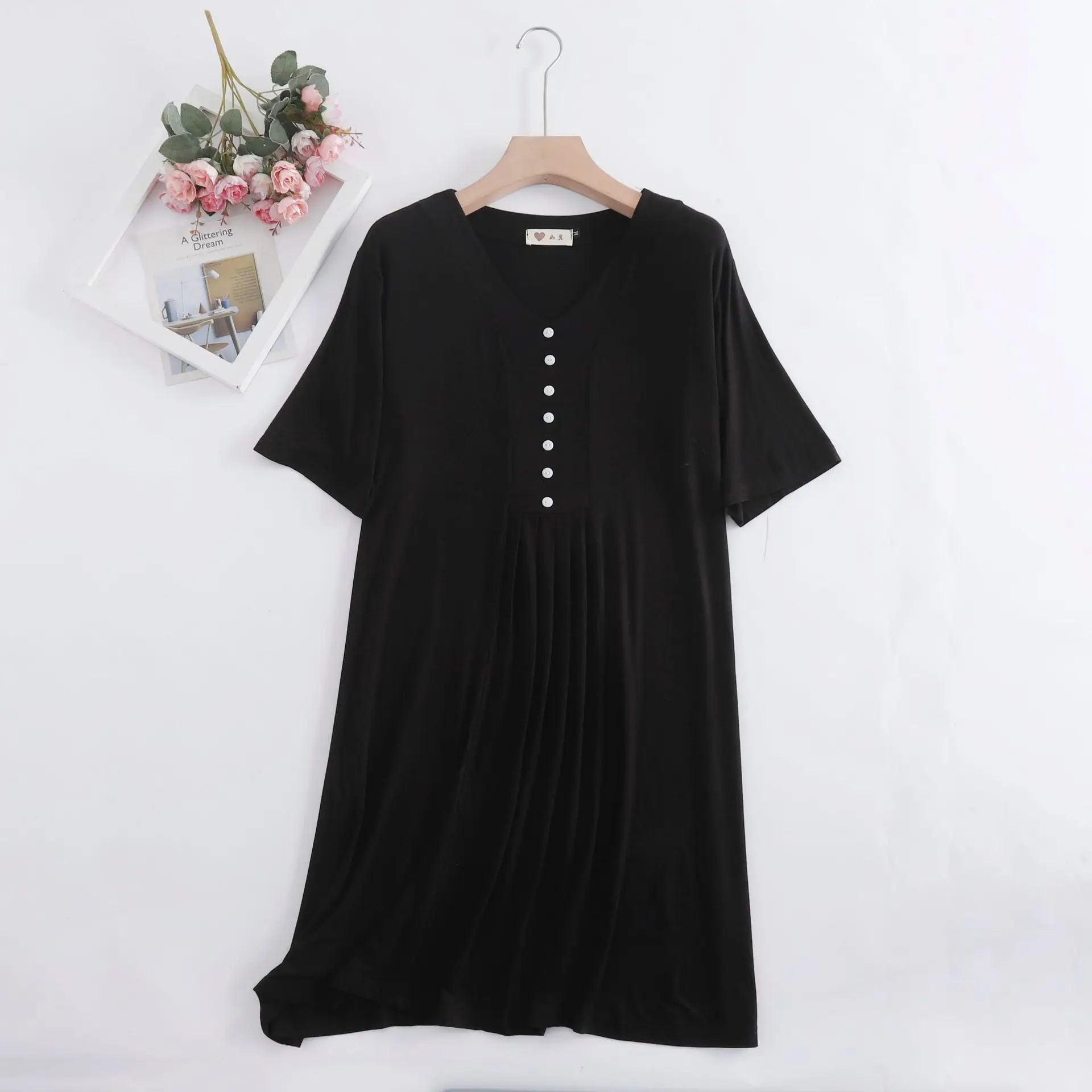 Fdfklak Modal Nightgown Sleep Lounge Women Button Design Summer Loose Homewear Short Sleeve Nightdress Soft Casual Sleepwear