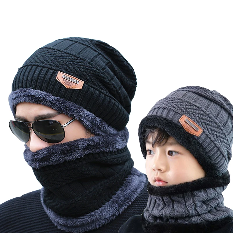 

Winter Hats Men's Hat Family Matching Parents Children Beanie Scarf Set шапка мужская Soft Thick Warm Caps шапка зимняя мужская