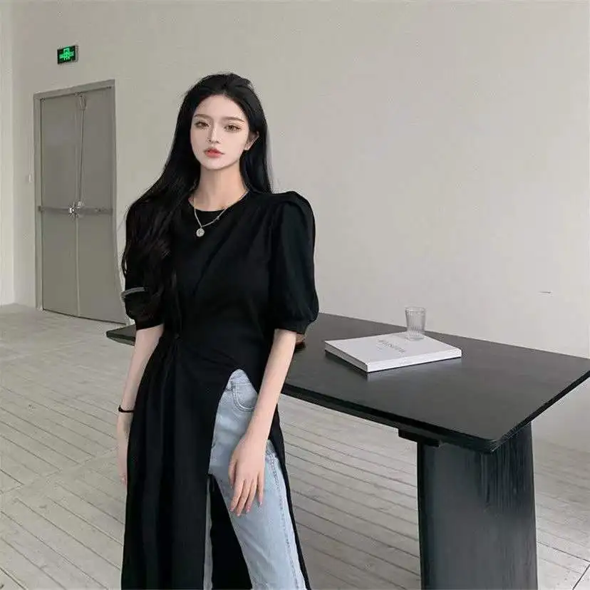 

Side button design sense of minority irregular large split round neck long short sleeve T-shirt skirt women's thin top fashion