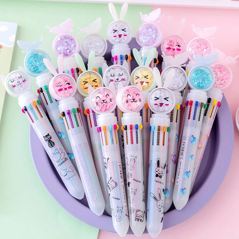 10Pcs/Lot Cute Stationery 10 Color Sequins Butterfly Rabbit Cat Ballpoint Pen School Office Multicolored Pens Colorful Refill