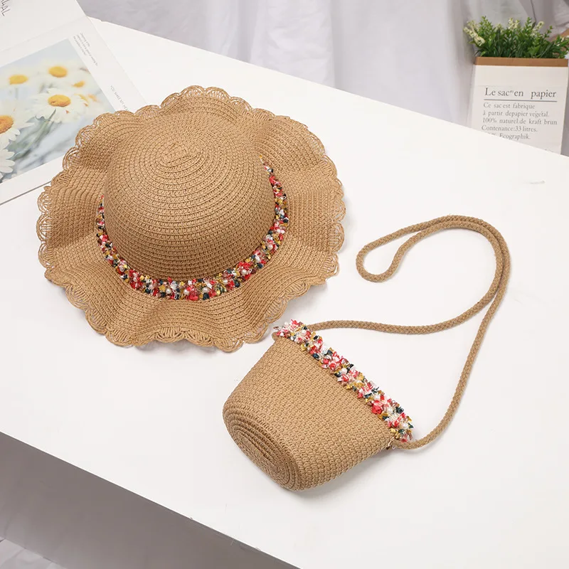 

Summer Straw Weave Hat Bag for Girl Floral Sun Caps Baby Sweet Sandy Beach Backpack Messenger Pocket Headgear Cute Coin Purse