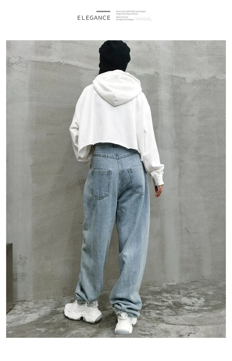 2021 Mujer Fall New High Waist Jeans Women Hole Light Blue Straight Trousers Streetwear Wide-leg Pants Female Solid Denim Pants