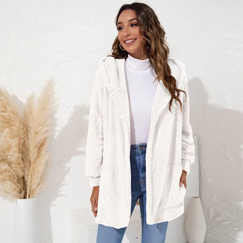 Autumn Winter 2022 Warm Plush Hooded Jackets Women's Faux Fur Coats Vintage Loose Thick Casual Jacket Women