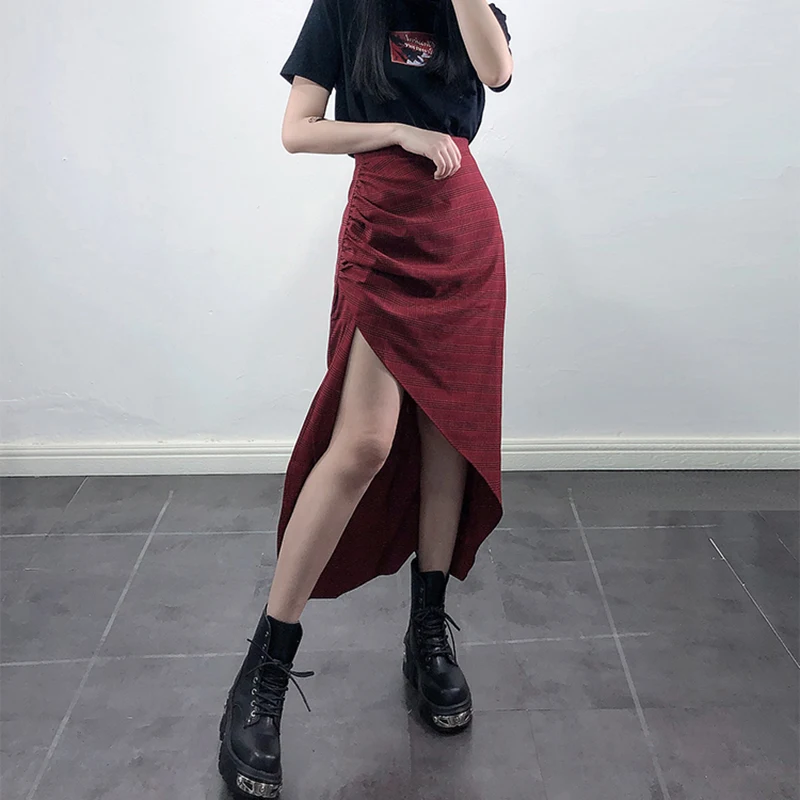 

Fashion Summer Punk Gothic Girl High Split Pleated Skirts 2021 Women Sexy Red Plaid High Waist Streetwear Long Skirt Female New