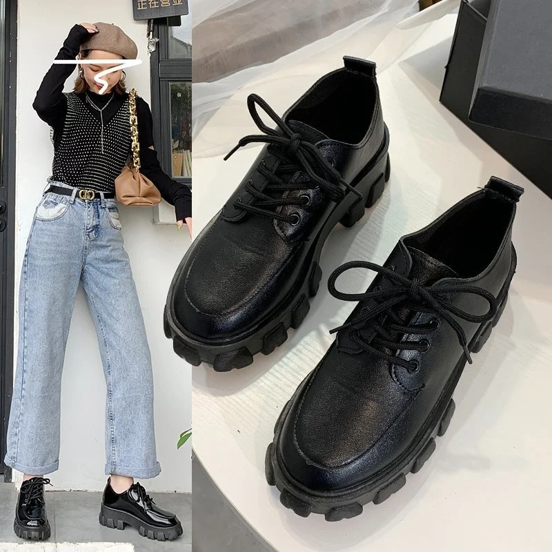 

Autumn Spring Women Oxford Shoes Flat On Platform Shoes Lace Up Leather Shoes Thick Sole Sneakers Female Casual Shoes