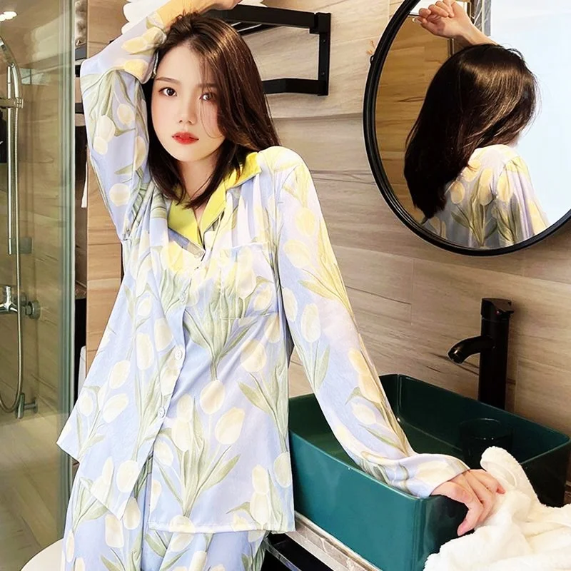 Rayon Pajama Sets Women Tulip Flower Nighty T-Shirt  Homewear Cozy Big Size Pijamas Luxury Designer Clothing Women Sleepwear