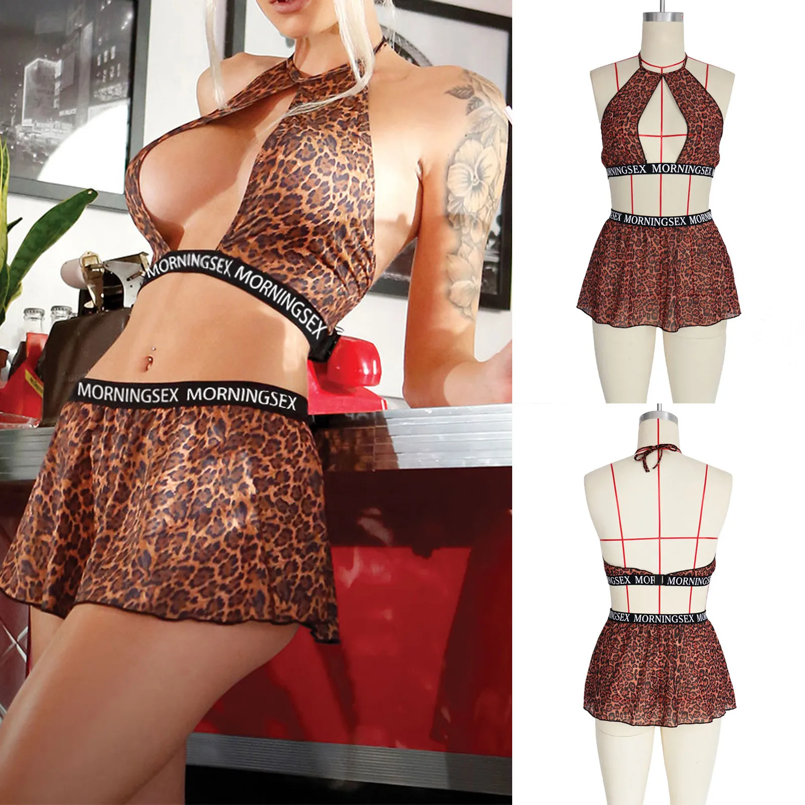 

Women Leopard Underwear Set Letter Print Erotic Costumes Temptation Hollow Sexy Lingerie Dresss Porno Lingerie Sexy Sleepwear