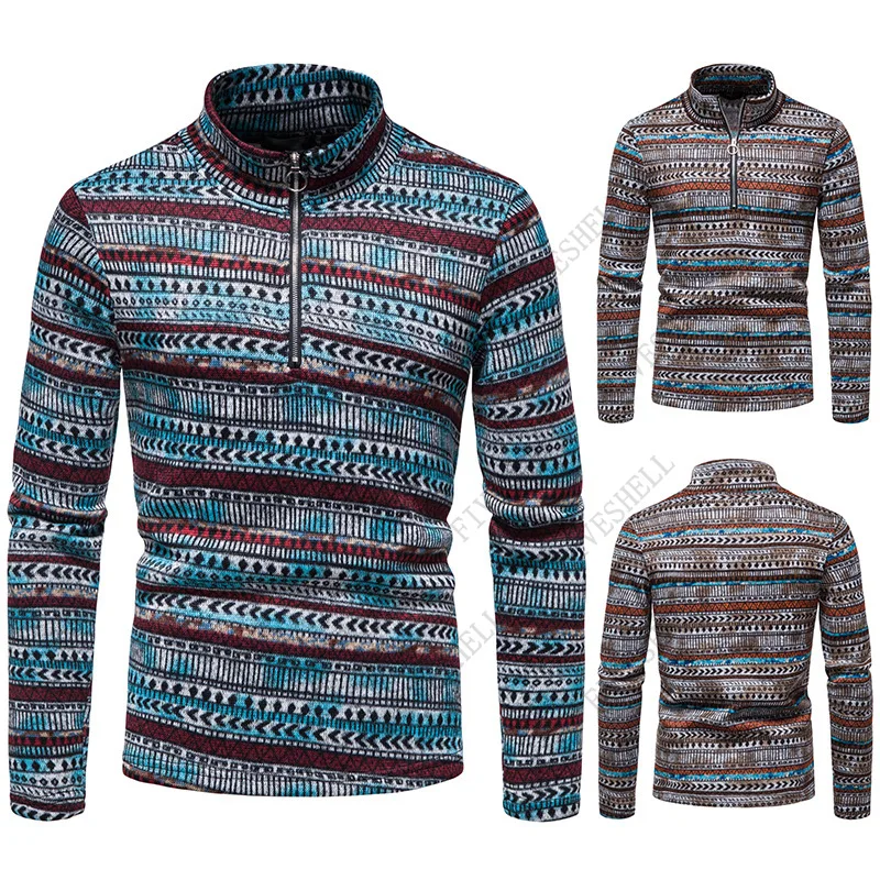 2023 Vintage Ethnic Print Sweater Men Winter Stand Collar Warm Pullovers Men Harajuku Streetwear Casual Sweaters Pullover Male