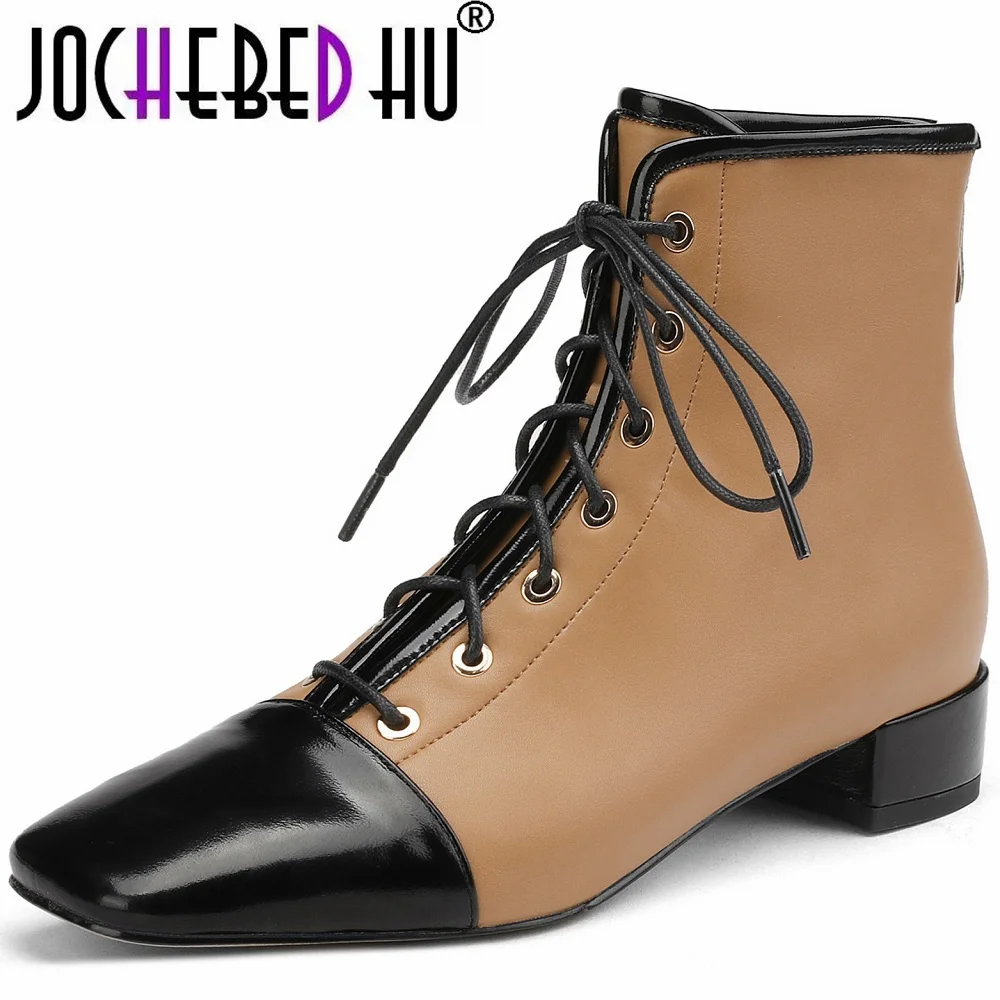 

【JOCHEBED HU】Genuine Leather Women Boots Mixed Colors Ankle Boots Square Toe Modern Boots Heels Shoes Cross-tied Size 34-40