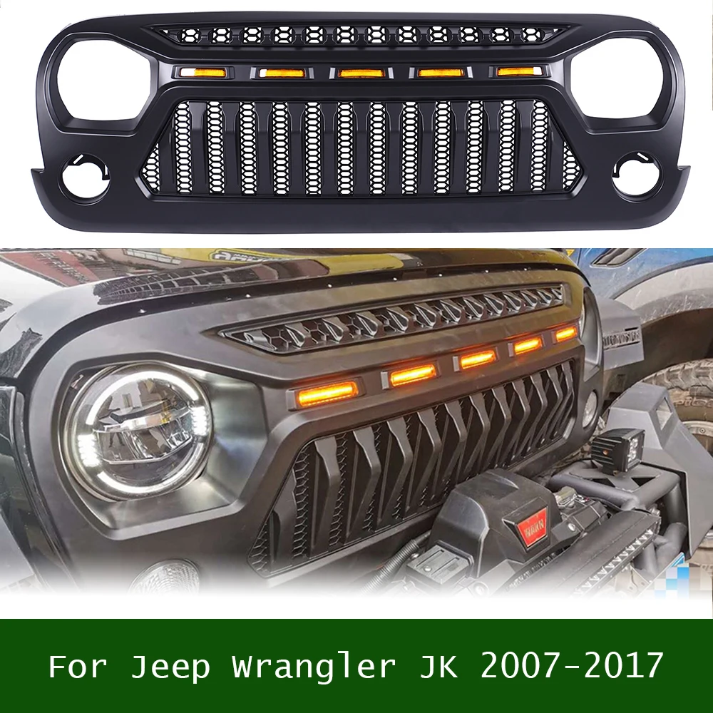 

For Jeep Wrangler JK 2007-2017 Accessories Modified Front Grill Cover Racing Grille ABS Bumper Mesh Grills With Amber LED Lights
