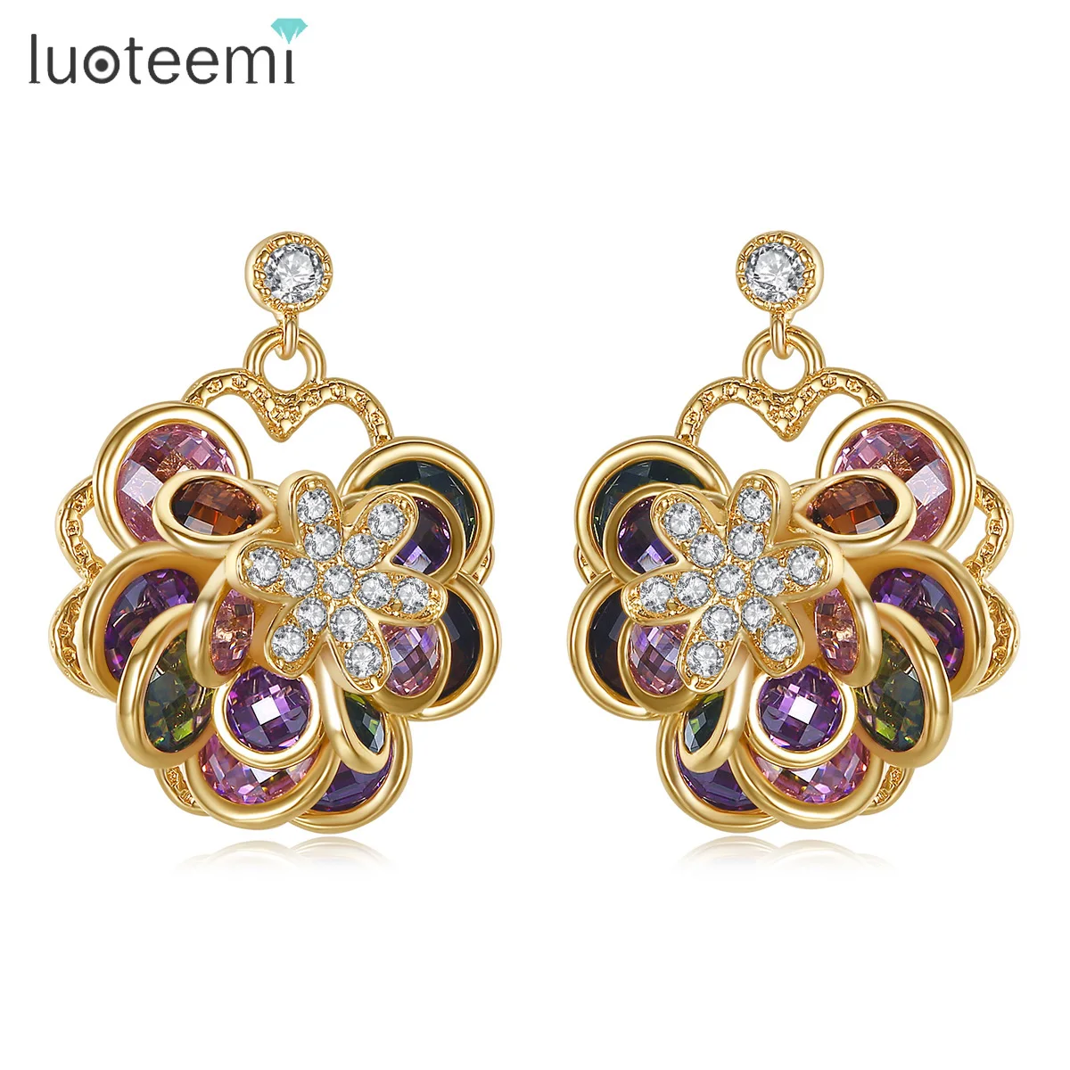

LUOTEEMI Brand Unique New Arrival Drop Earrings Flowers Shape With Champagne Gold-Color Multi CZ Jewelry Wedding Bridal Brincos