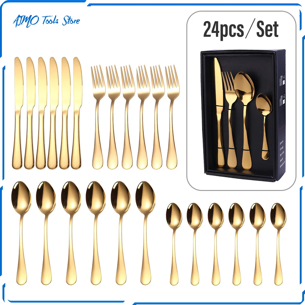 

24pcs/set Deluxe Knife/Fork/Spoon Gold Cutlery Set Mirror Stainless Steel Black Silverware Kitchen Cutlery Suitable for 6 People