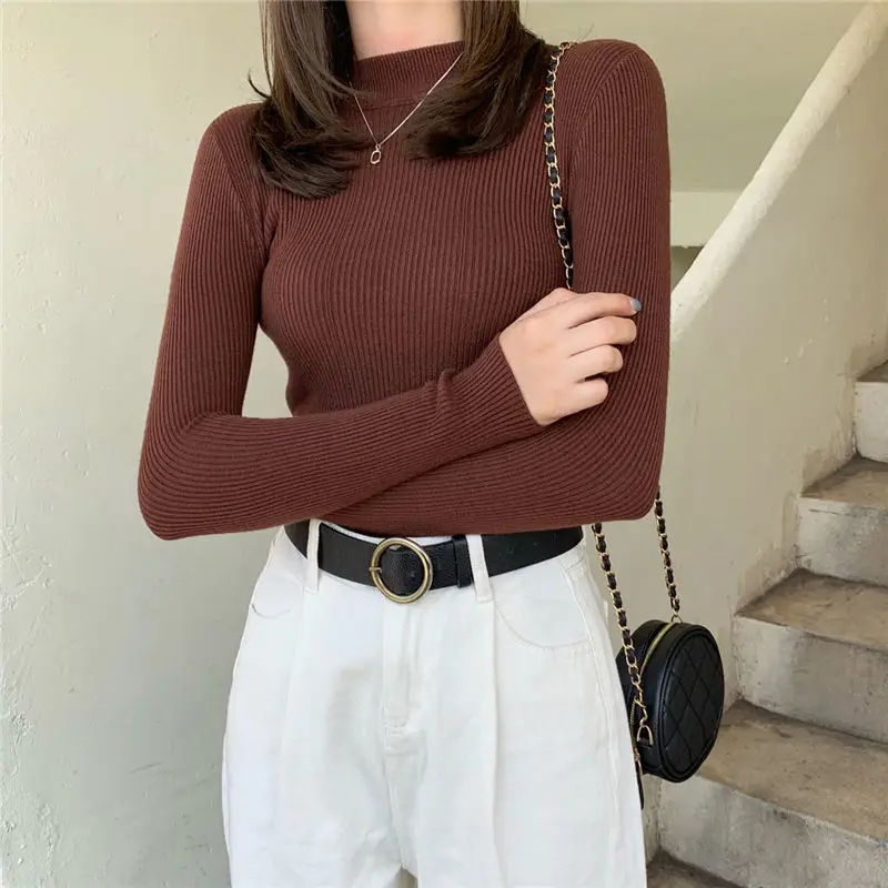 

Rimocy Half High Collar Knitted Sweaters Women 2022 Basic Solid Color Primer Pullovers Woman Black White Slim-fit Pullover Mujer