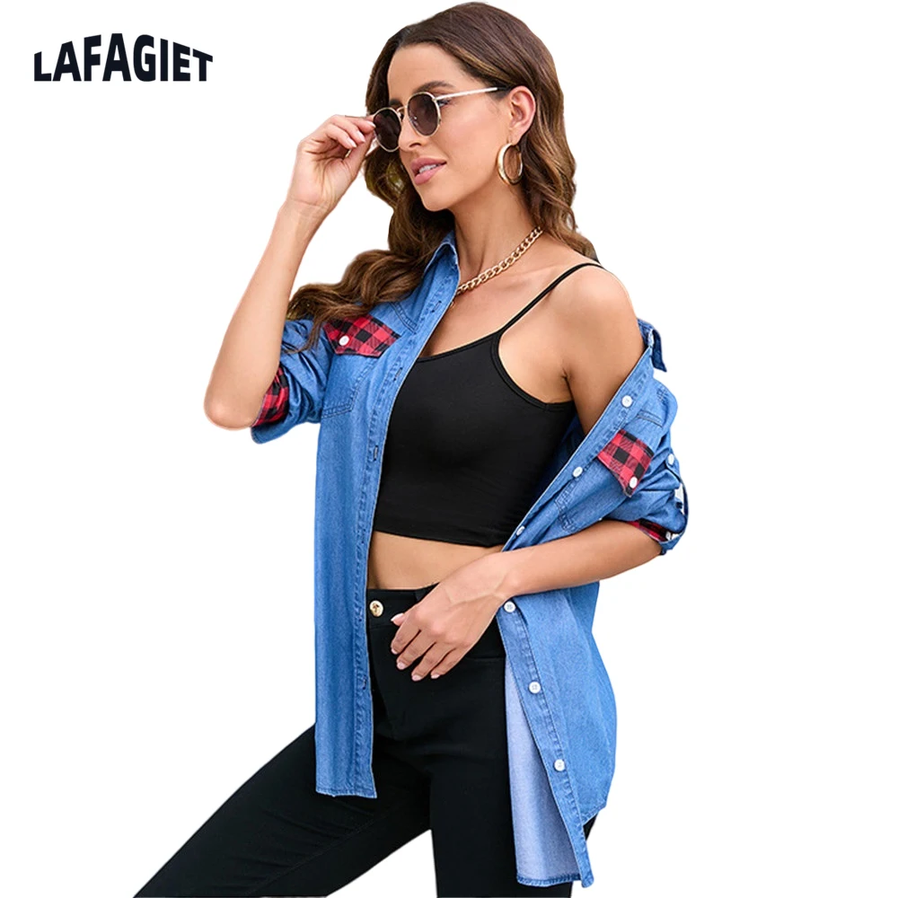 

Red Plaid Patchwork Women Denim Jacket Long Sleeve Long Coat Ladies Fashion Loose Lapel Mom Jacket Causal Female Jean Overwear