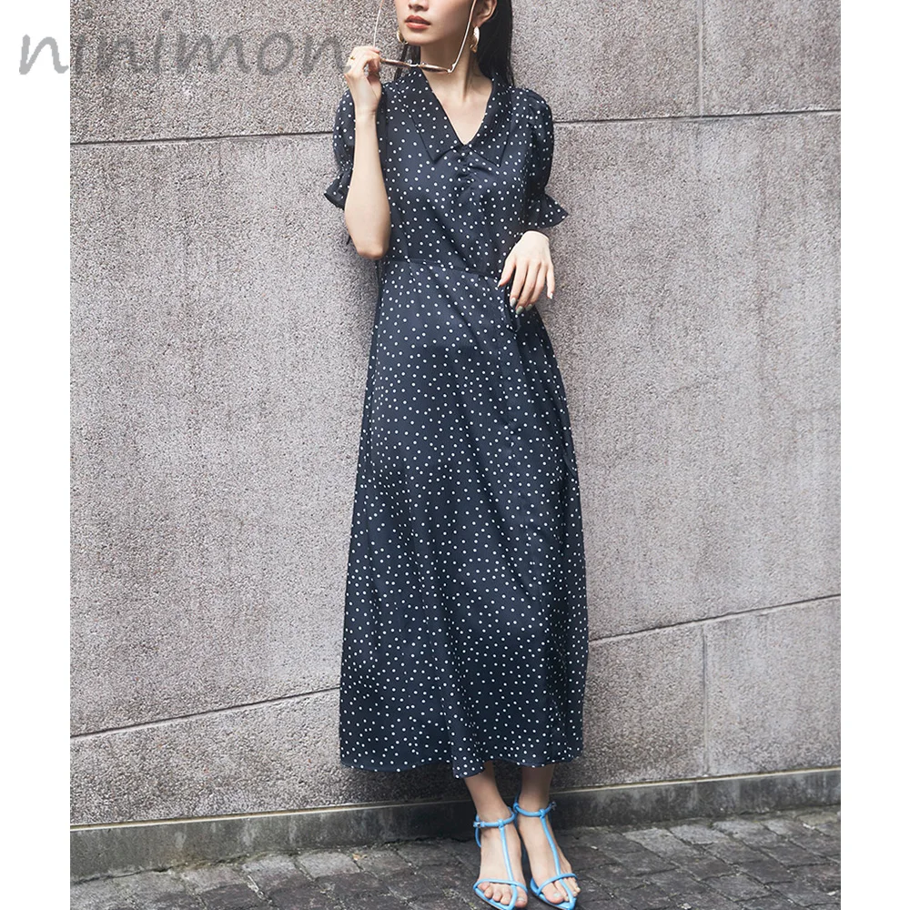 

NINIMON Womens Dress Puff Short Sleeve Elegant Summer V-Neck Polka Dots and Floral Long Dress Sweet Drawstring A-line Dress