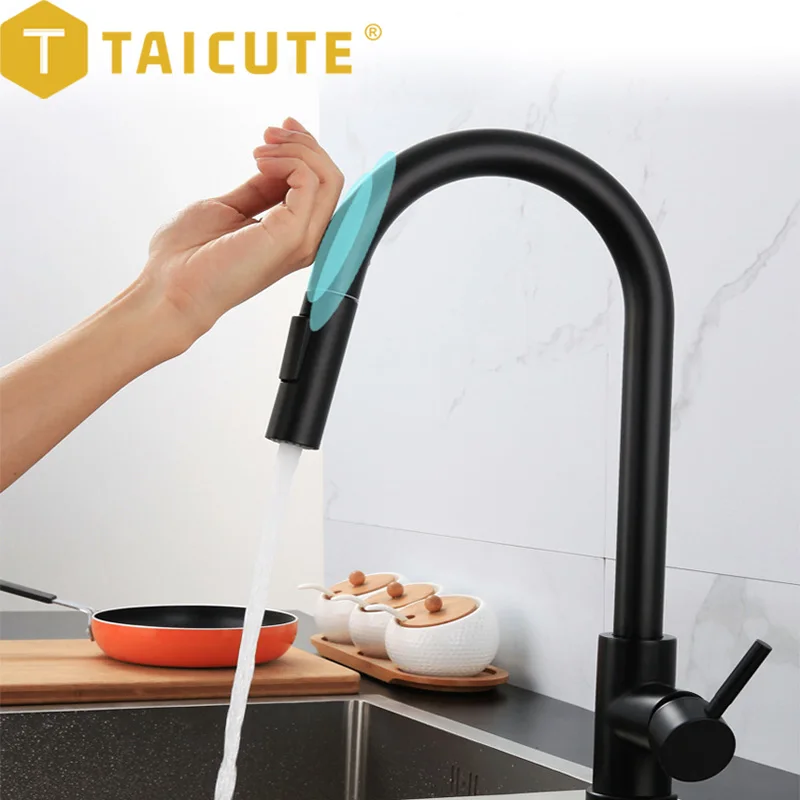 

Умный кухонный кран TAICUTE, выдвижной смеситель из нержавеющей стали с сенсорным управлением, 2 режима работы, черный цвет