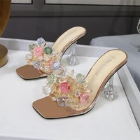 comemore summer women slingback pumps luxury transparent high heels sandals sexy square toe mules slippers party fashion shoes