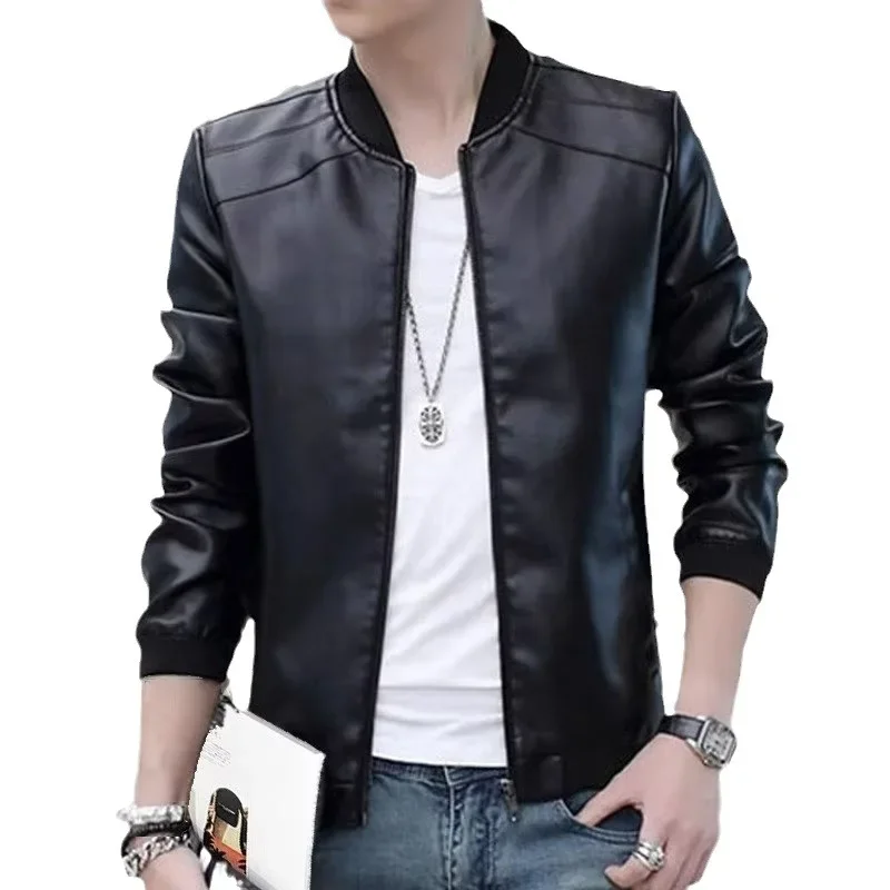 Мужская кожаная куртка укороченная мотоциклетная из искусственной кожи
