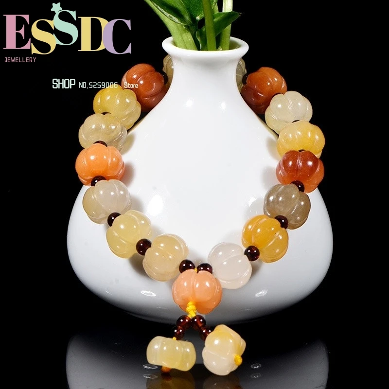 

100% Real Jade Natural Xinjiang Hetian Bangle Handcarved Pumpkin For Women Gift Beads Bracelet Gemstone
