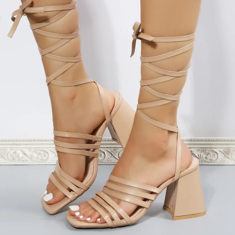 New Summer Women Sandals High Heel Cross Straps Fish Mouth Hollow Shoes with Lace Strap Roman Sandals Ladies Shoes Fashion Sexy