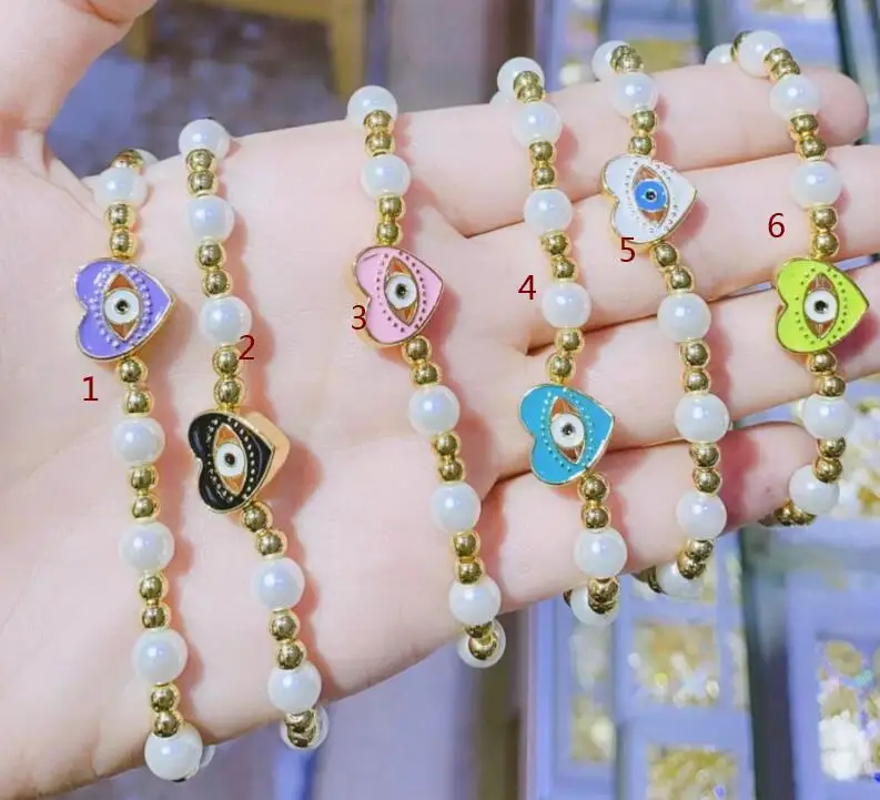 

Copper Enamel Colorful Evil Eye Heart Bracelets For Women Pearl Beaded Bracalet Accessories for Women Gift gh5d