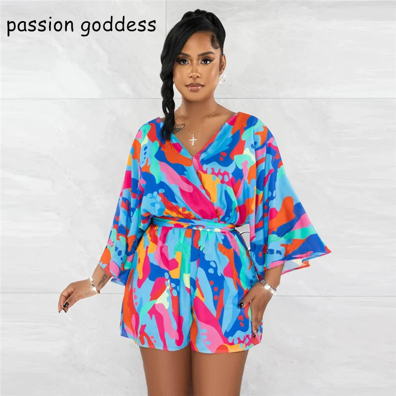 

2023 Summer Women V Neck 3/4 Sleeve Printing Casual Playsuits with Sashes Back Open Lace Up Sexy Playsuit Beach Rompers Jumpsuit