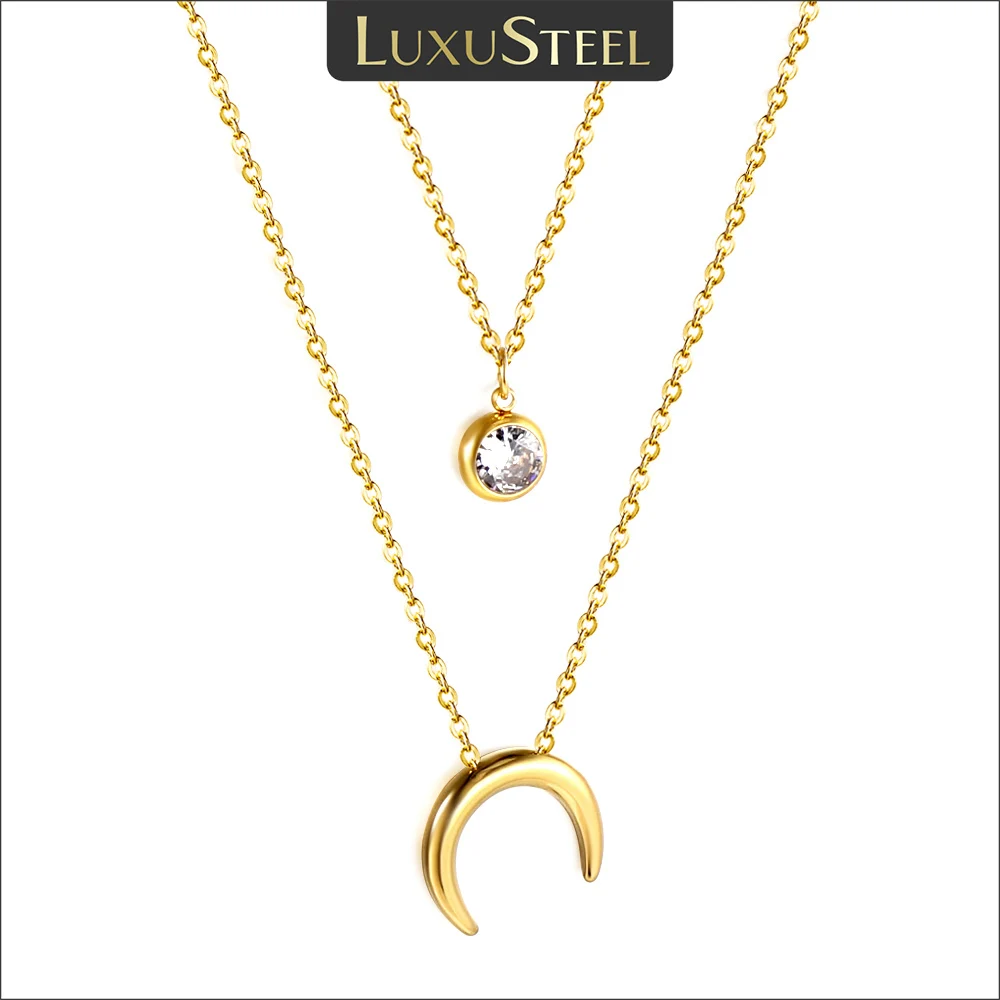 

LUXUSTEEL Minimalist Double Layer Chain CZ Crystal Moon Pendant Necklace For Women Stainless Steel Cubic Zirconia Choker Korean