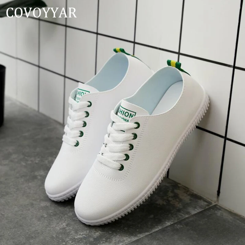 

COVOYYAR White Women Sneakers Fashion Flat Causal Shoes for Women Spring Autumn Pu Leather Lace Up Tennis Shoes Trainers WSN509