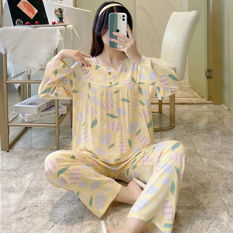 New Pajamas Women's Summer Thin Long-sleeved Trousers Cool Feeling Suit Comfortable and Breathable Loungewear with Round Neck