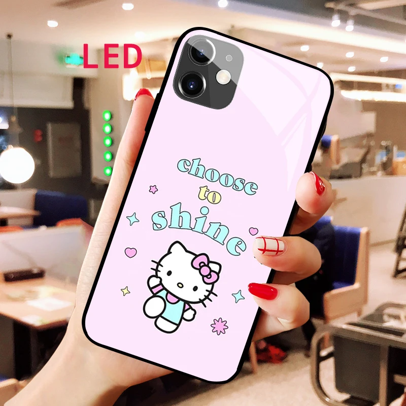 

Hello kitty Luminous Tempered Glass phone case For Apple iphone 13 14 Pro Max Puls Luxury Fashion RGB LED Backlight new cover