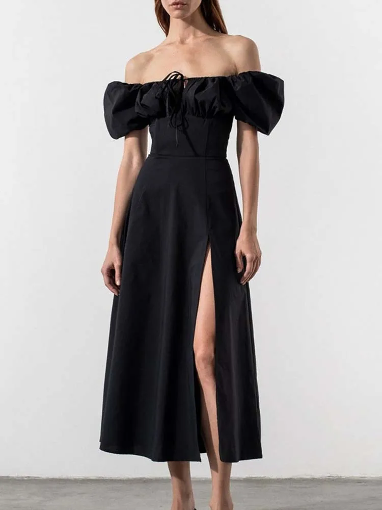 

Женское платье с открытыми плечами, длинное вечернее платье макси с пышными рукавами и разрезом, лето 2023