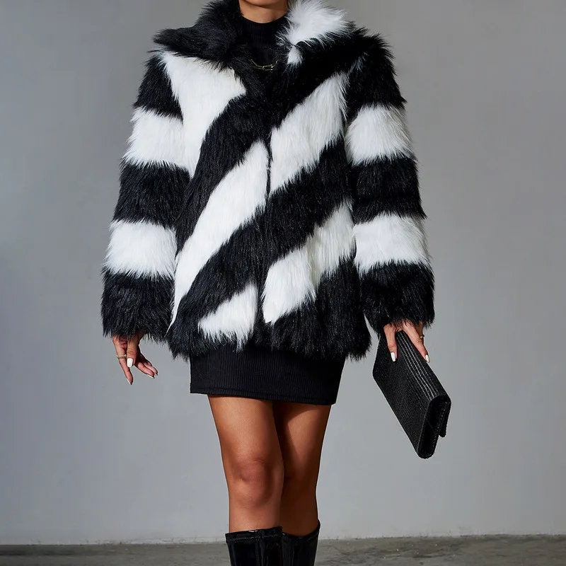 2022 Fox Fur Coat Faux Fur Women's Furry Stitching Double-sided Black and White Striped Long-sleeved Lapel Fur Coat Winter Women