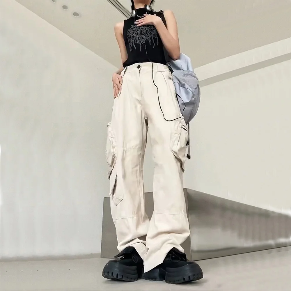 New In Vintage Y2K Cargos Pants for Women White Pants Women's High Street Hiphop Multi Pocket Design Wide Leg Pants Denim