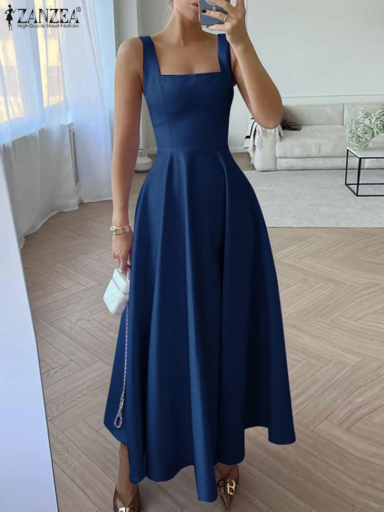 

ZANZEA Summer Holiday Party Robe Sexy Strap Tank Dresses Women Fashion Square Collar Maxi Sundress Vintage Satin Waisted Dress