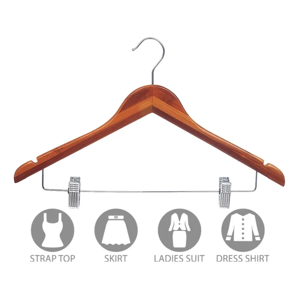 

Bamboo Combination Hanger with Cushion Clip Flat Wooden Hanger with Paint Finish and Chrome Plated Rotating Hook
