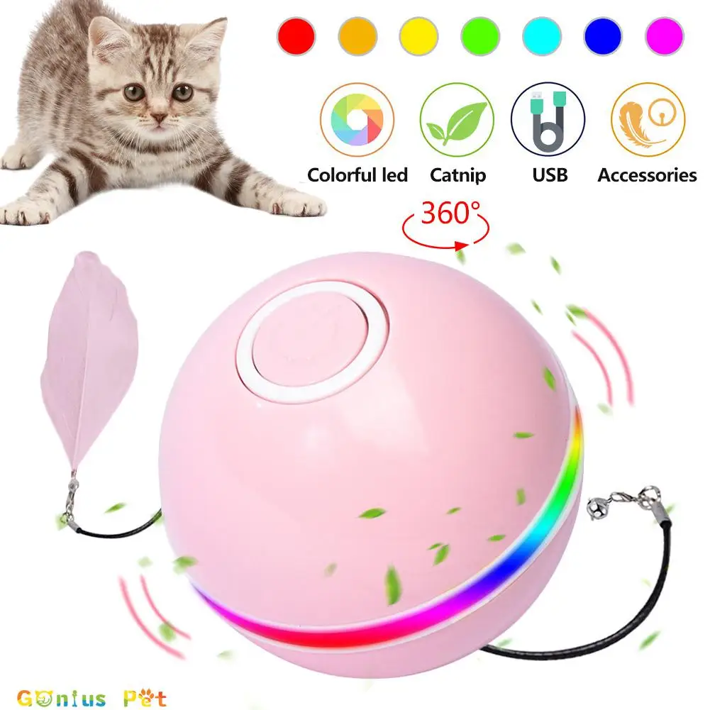 

Умный разноцветный светодиодный самовращающийся Шар С Кошачьей Мятой, колокольчиком и перьями, Usb-зарядка, игрушка для кошек, котят