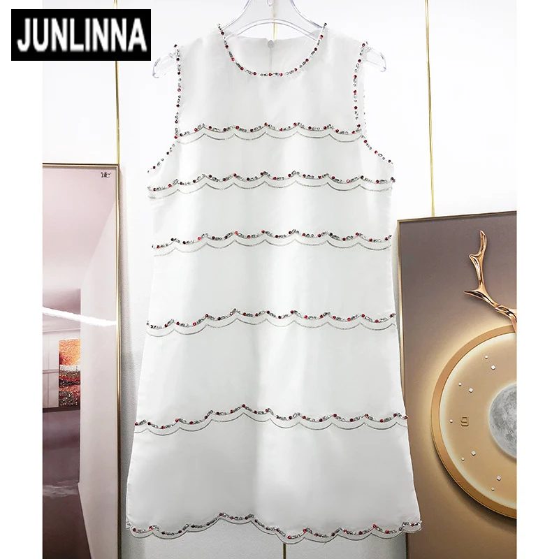 JUNLINNA Fashion Designer Organza Dress Women Summer New O-neck Sleeveless Rhinestone Crystal Beading Mini Vestidos A