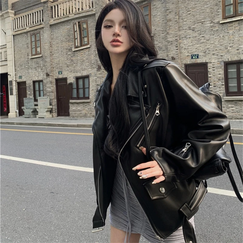 Spring Autumn Faux Leather Jackets Women Loose Casual Coat Female Motorcycles PU Outwear Zipper Outfit Short Female Jacket
