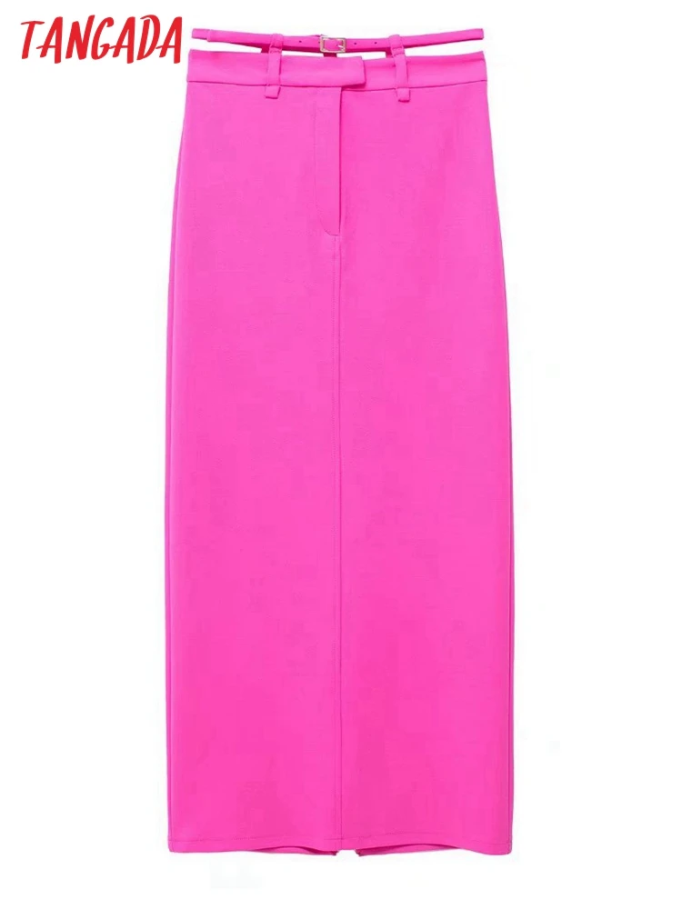 

Tangada 2022 New Women Hotpink Cut-out Midi Skirt with Belt Vintage Zipper Ladies Chic Mid Calf Skirts 3H418