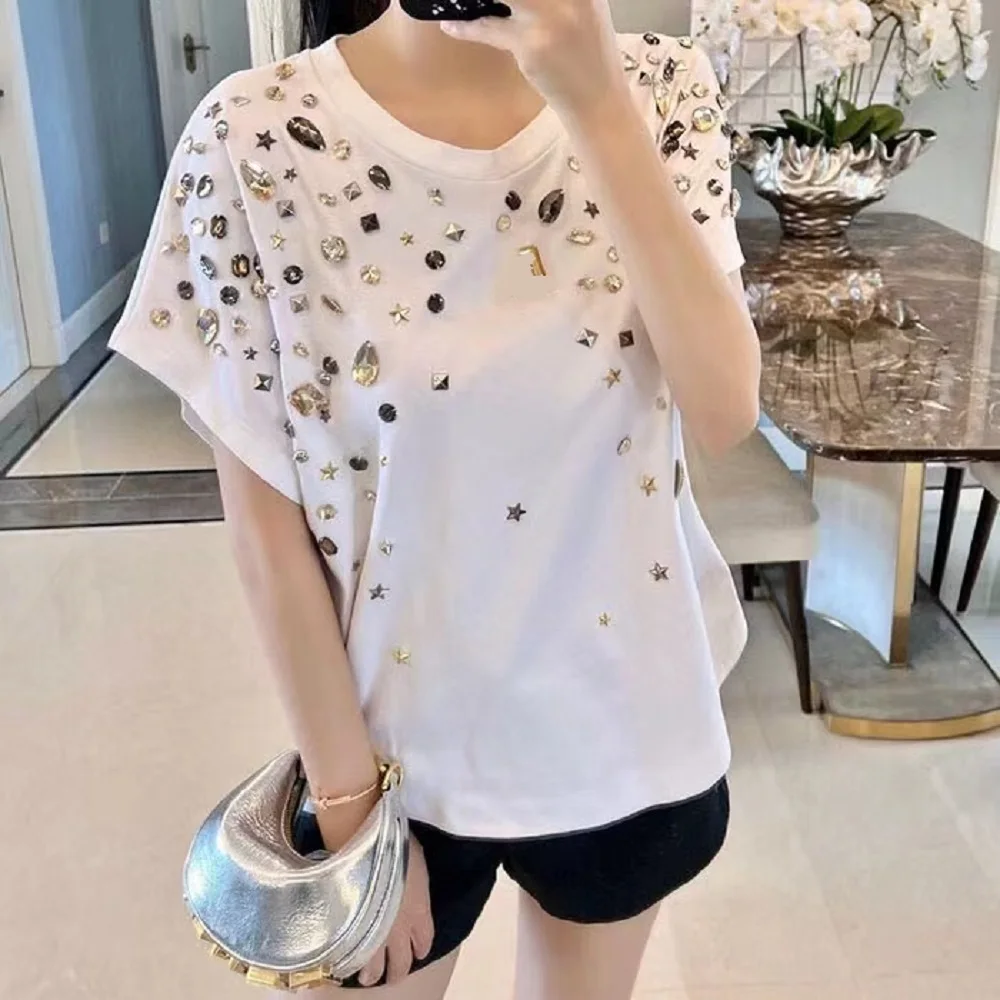 

2023 woman tops pure cotton beaded splicing loose casual women's T-shirt y2k clothes New high quality tops shirts bra