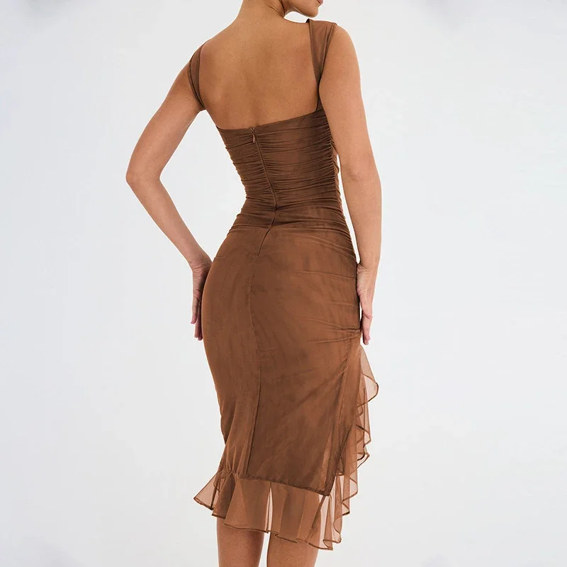 Сексуальное платье без рукавов женское миди с круглым вырезом и рюшами летнее